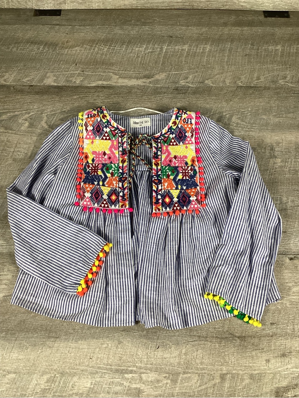 Kiss The Sky Womens XS Boho Embroidered Stripe Peasant Top Pom Pom Cotton